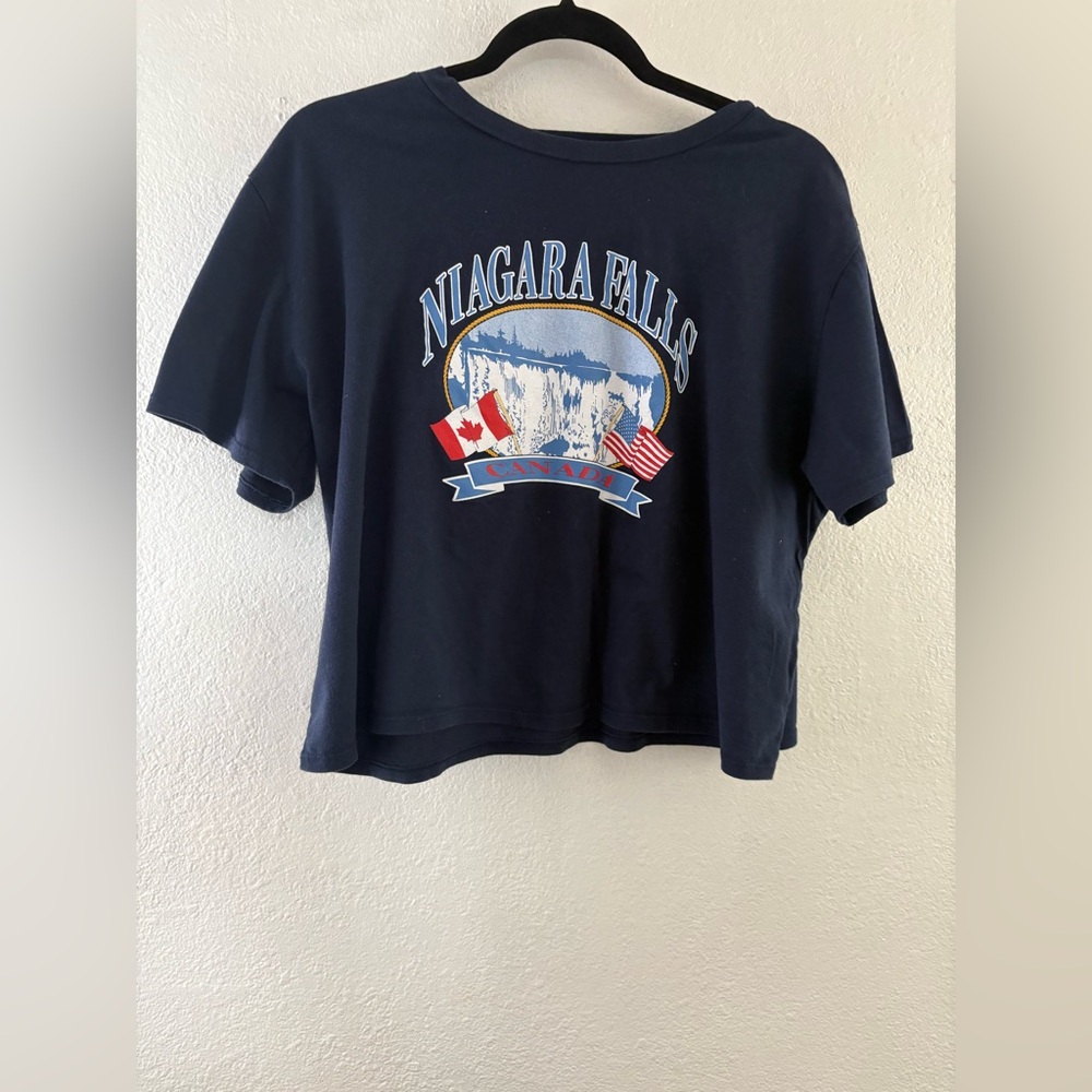 French Pastry Niagara Falls Graphic Blue Crop T-Shirt Short Sleeve Womens 2XL